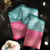 Kanjivaram Ananda Blue Silk Saree with Pink