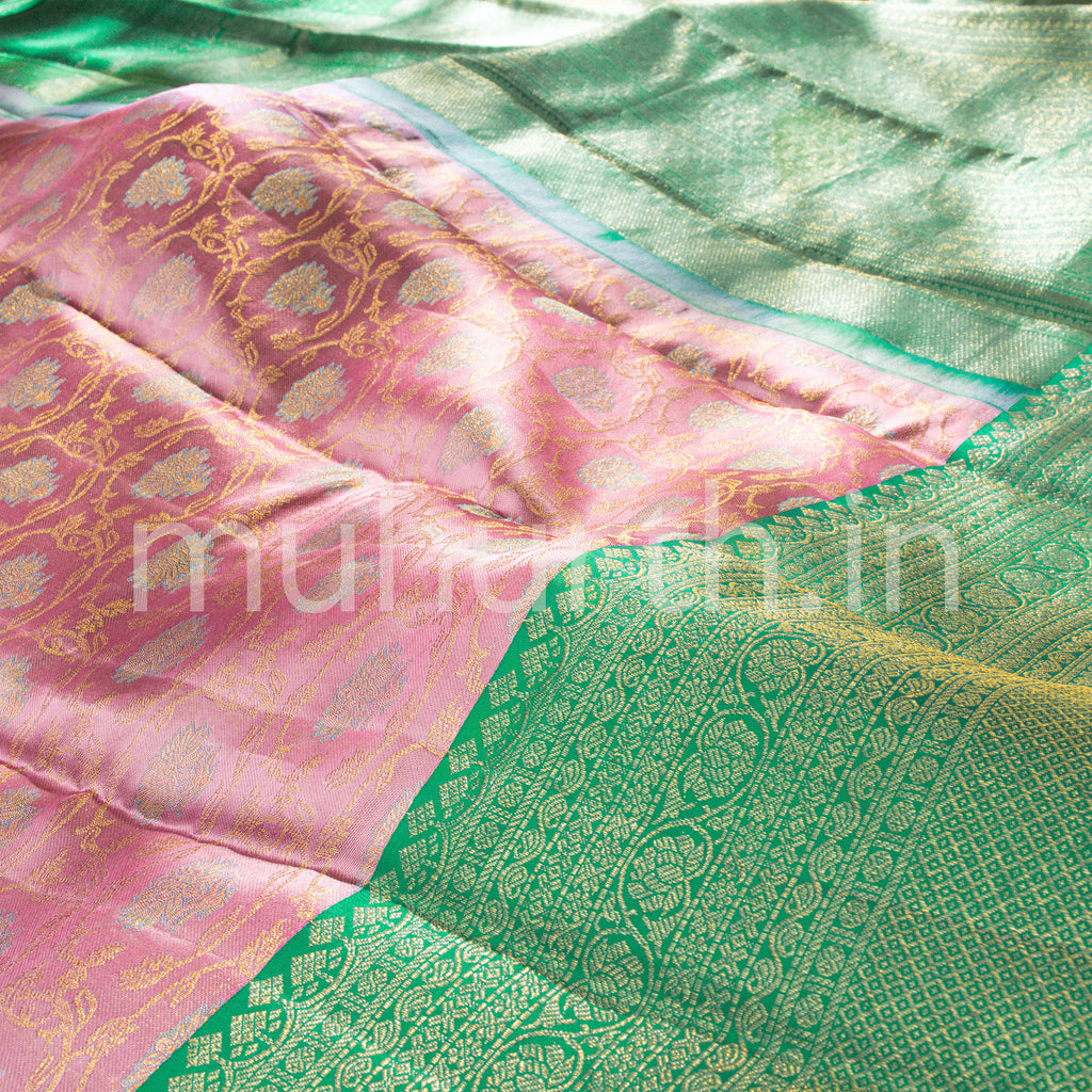 Pink Kanjivaram Silk Saree with Rexona Green