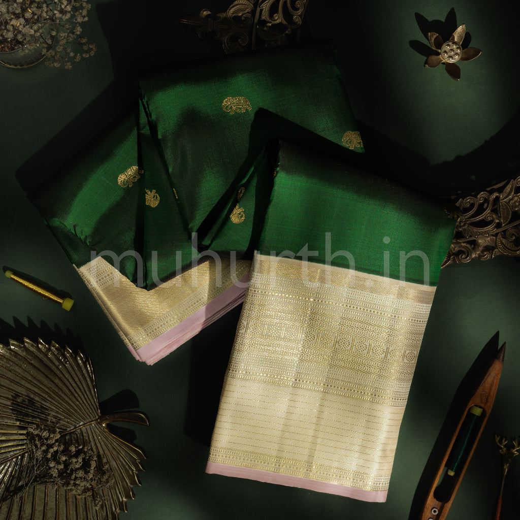 Green Pure Kanjivaram Silk Saree with Tassar White