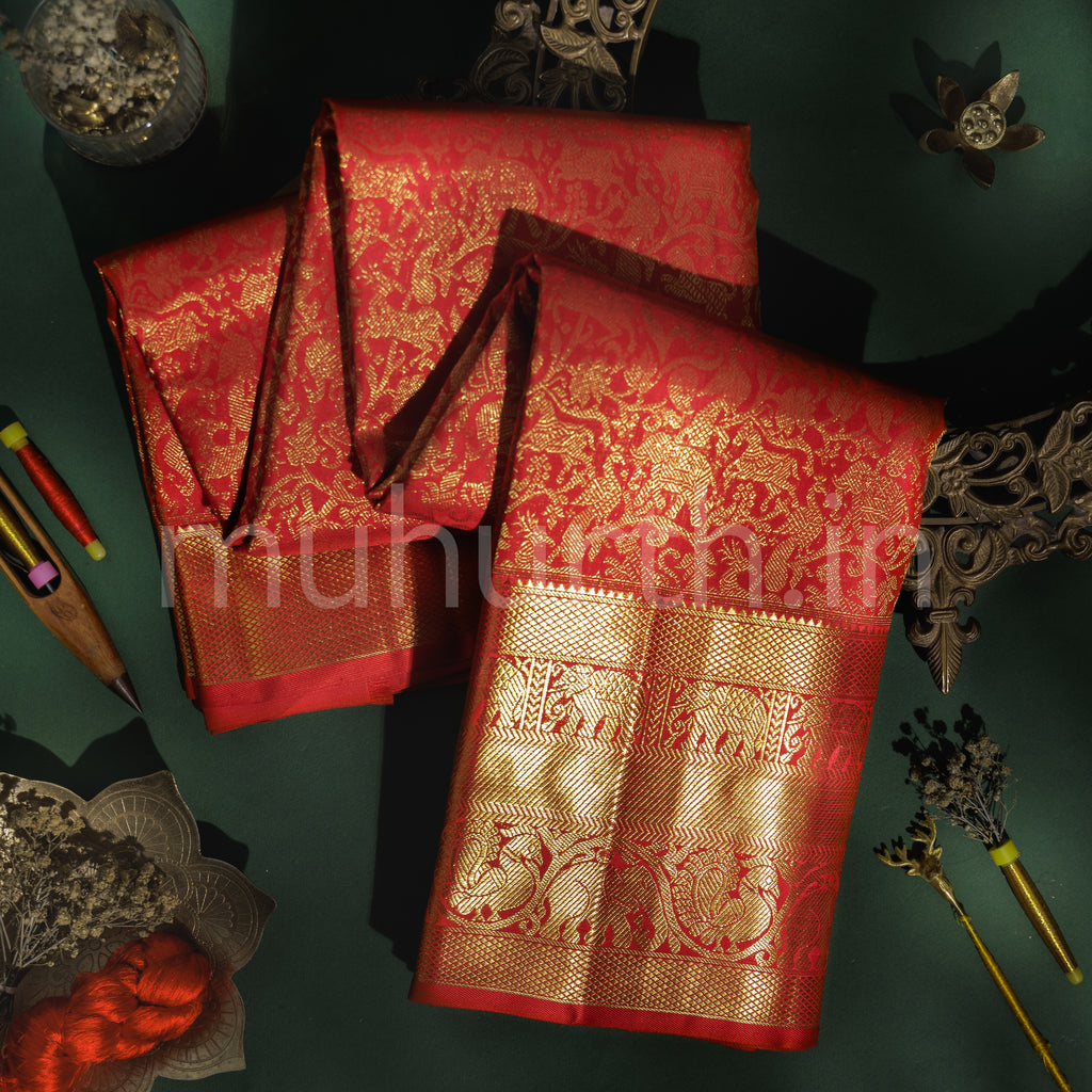 Bright Red Vanasingaram Pure Kanjivaram Silk Saree
