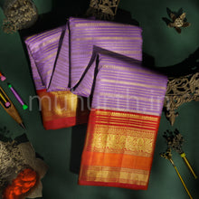 Load image into Gallery viewer, Lilac Veldhari Pure Kanjivaram Silk Saree with Bright Red