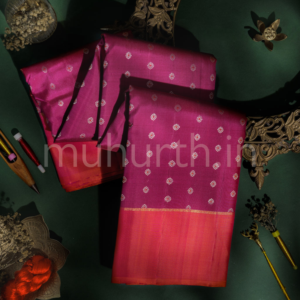 Magenta Pure Kanjivaram Silk Saree with Orange Rose