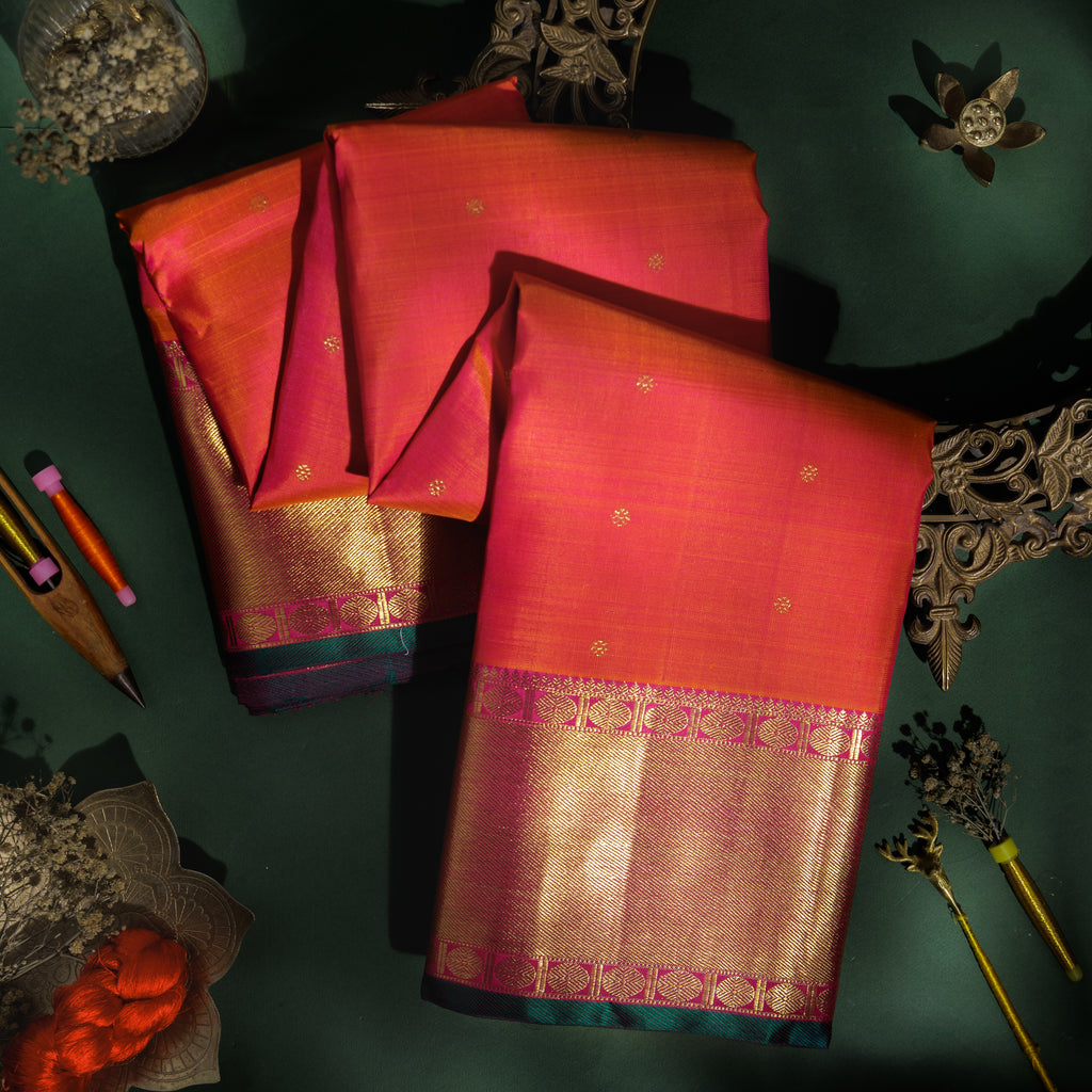 Rose Orange Pure Kanjivaram Silk Saree with Rose