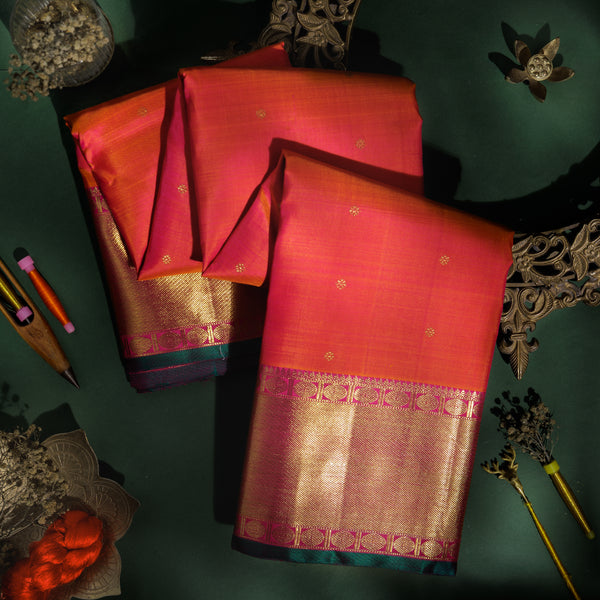 Rose Orange Pure Kanjivaram Silk Saree with Rose