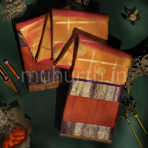 Mustard Shot Rose Pure Zari Kanjivaram Silk Saree with Magenta
