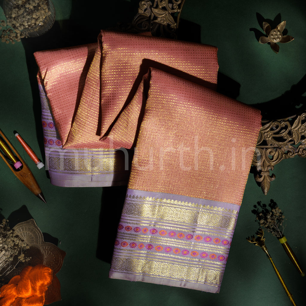Peach Pure Kanjivaram Silk Saree with Lavender