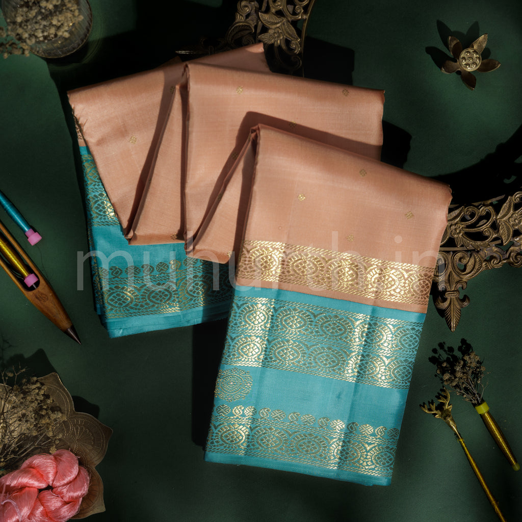 Light Peach Pure Zari Kanjivaram Silk Saree with Powder Blue