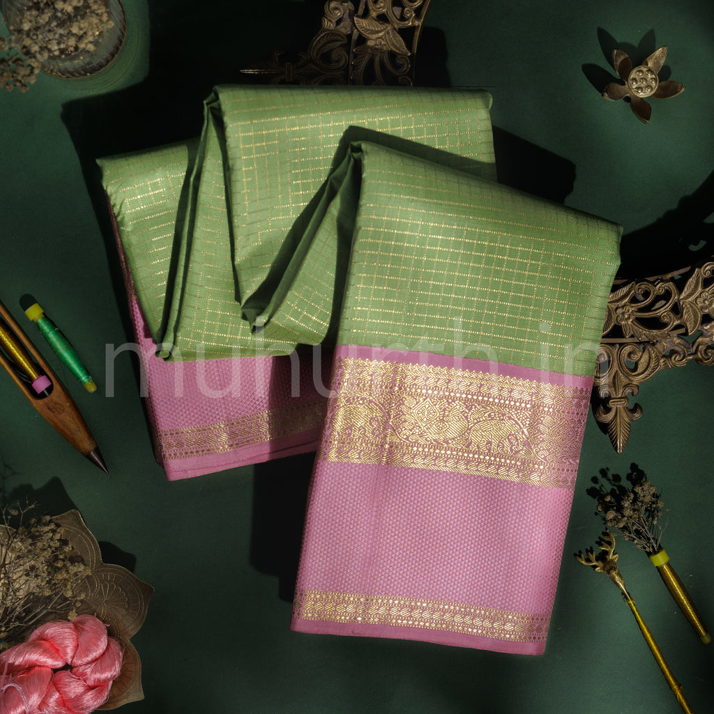 Elaichi Pure Zari Kanjivaram Silk Saree with Light Pink
