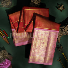 Load image into Gallery viewer, Bright Red Veldhari Kanjivaram Silk Saree with Peach