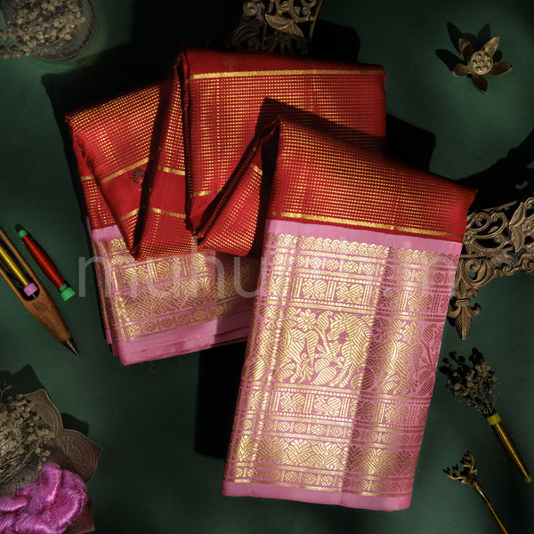 Bright Red Veldhari Kanjivaram Silk Saree with Peach
