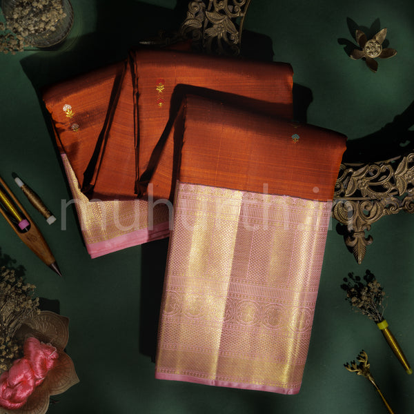 Rust Brown Pure Kanjivaram Silk Saree with Pink