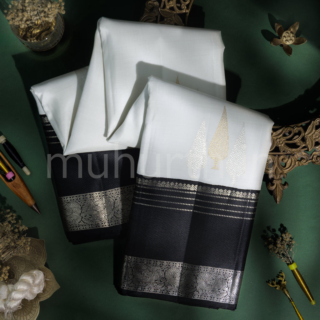Off -White Pure Kanjivaram Silk Saree with Black