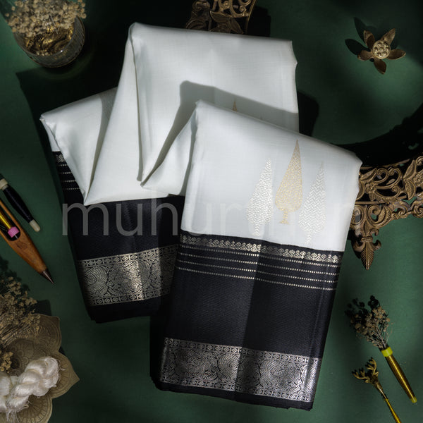 Off -White Pure Kanjivaram Silk Saree with Black