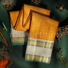 Load image into Gallery viewer, Mango Yellow Veldhari Kanjivaram Silk Saree with Off-White