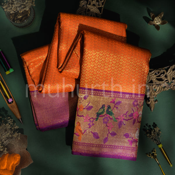 Orange Meenakari Kanjivaram Silk Saree with Magenta