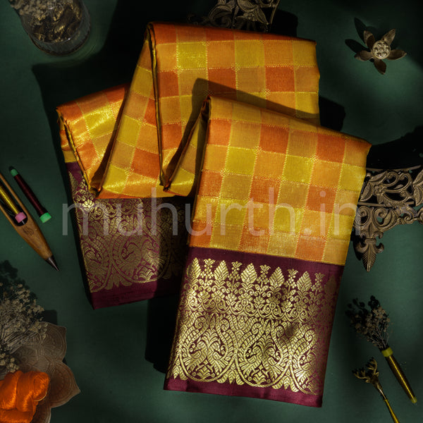 Mustard Orange Checks Pure Kanjivaram Silk Saree with Pakku