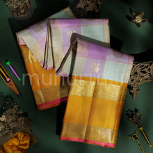 Load image into Gallery viewer, Lilac Elaichi Checks Pure Zari Kanjivaram Silk Saree with Golden Mustard