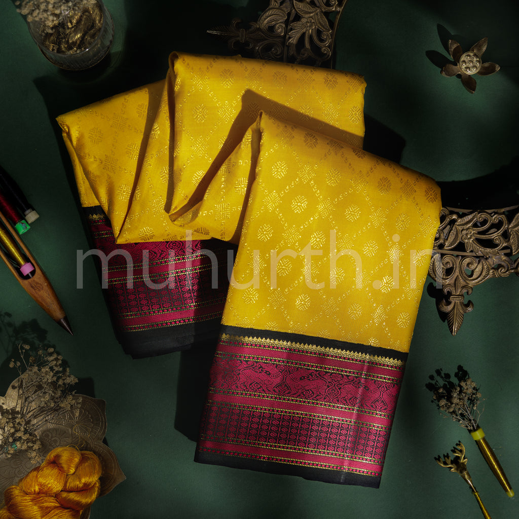 Mustard Pure Kanjivaram Silk Saree with Black