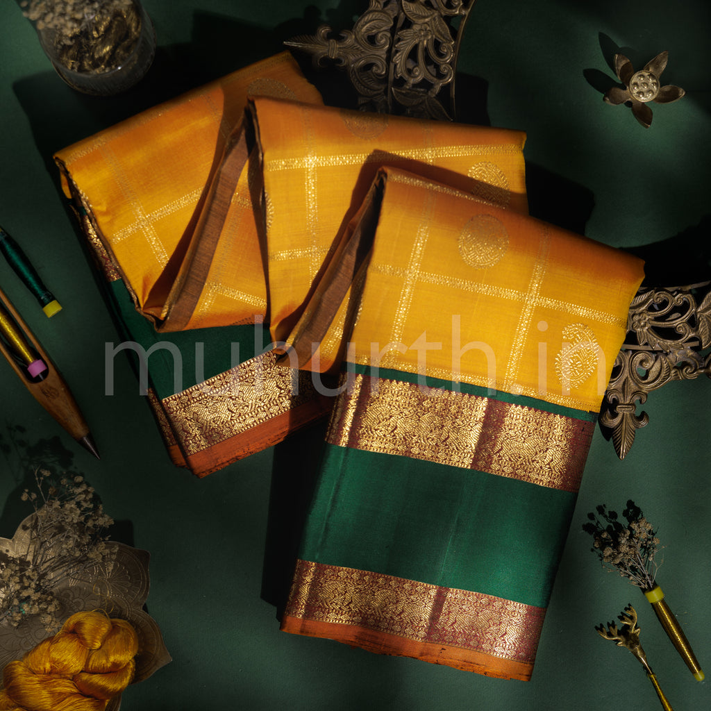 Mango Yellow Pure Zari Kanjivaram Silk Saree with Green