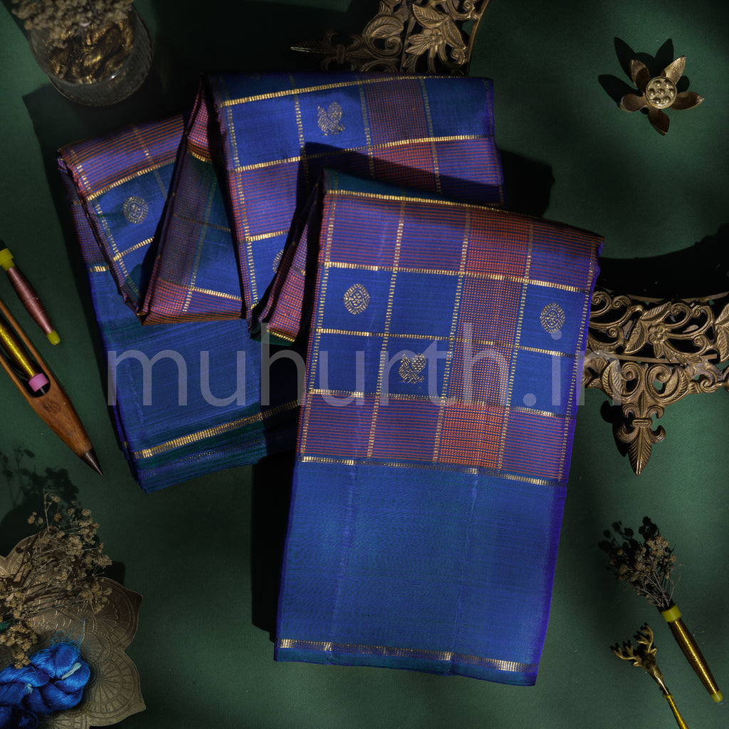 Violet Green Pattu Checks Kanjivaram Silk Saree