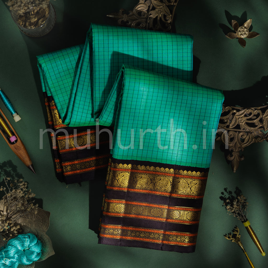 Sea Green Pure Kanjivaram Silk Saree with Black