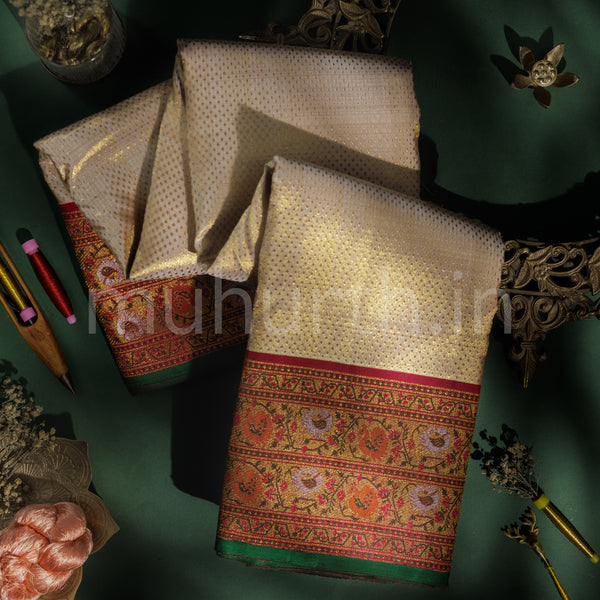 Golden Off-White Pure Kanjivaram Silk Saree with Arakku