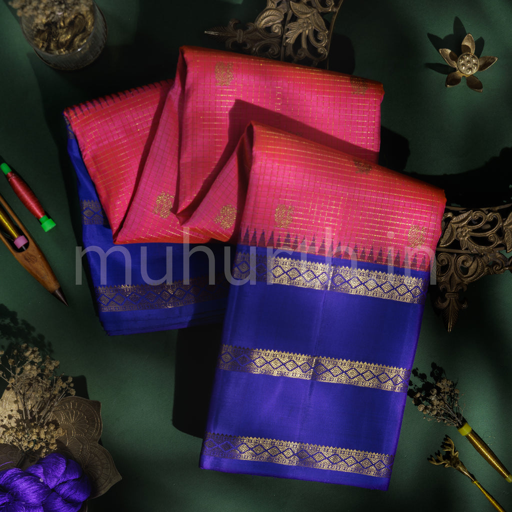 Hot Pink Pure Kanjivaram Silk Saree with Violet