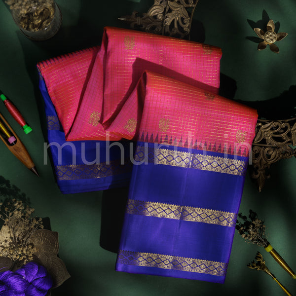 Hot Pink Pure Kanjivaram Silk Saree with Violet