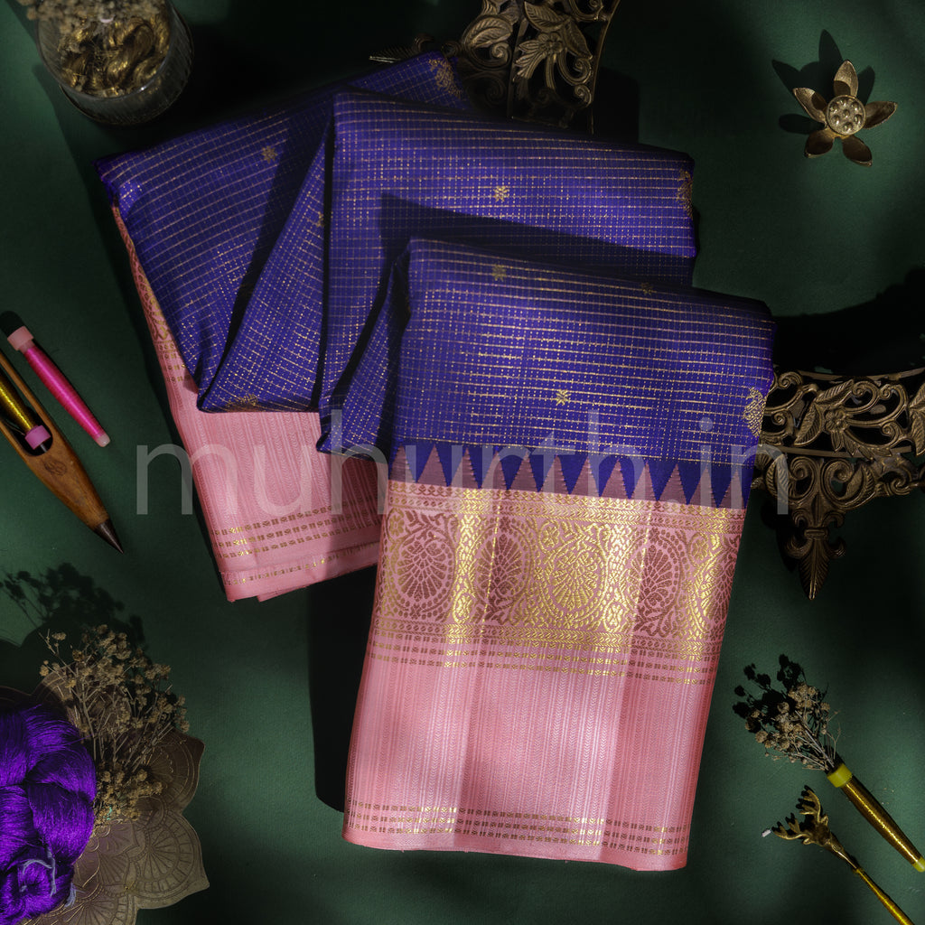 Violet Pure Kanjivaram Silk Saree with Peach