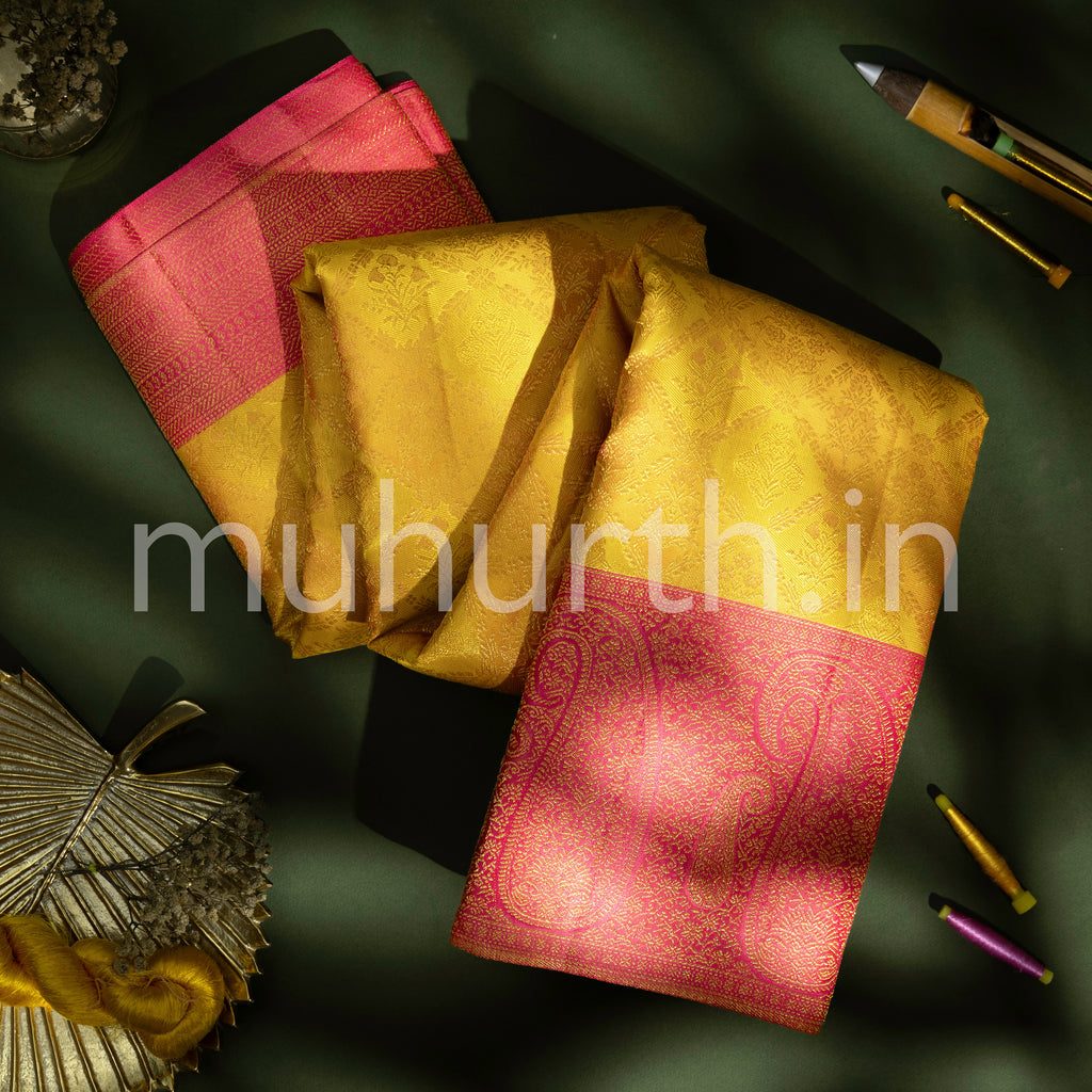 Golden Mustard Kanjivaram Silk Saree Peach