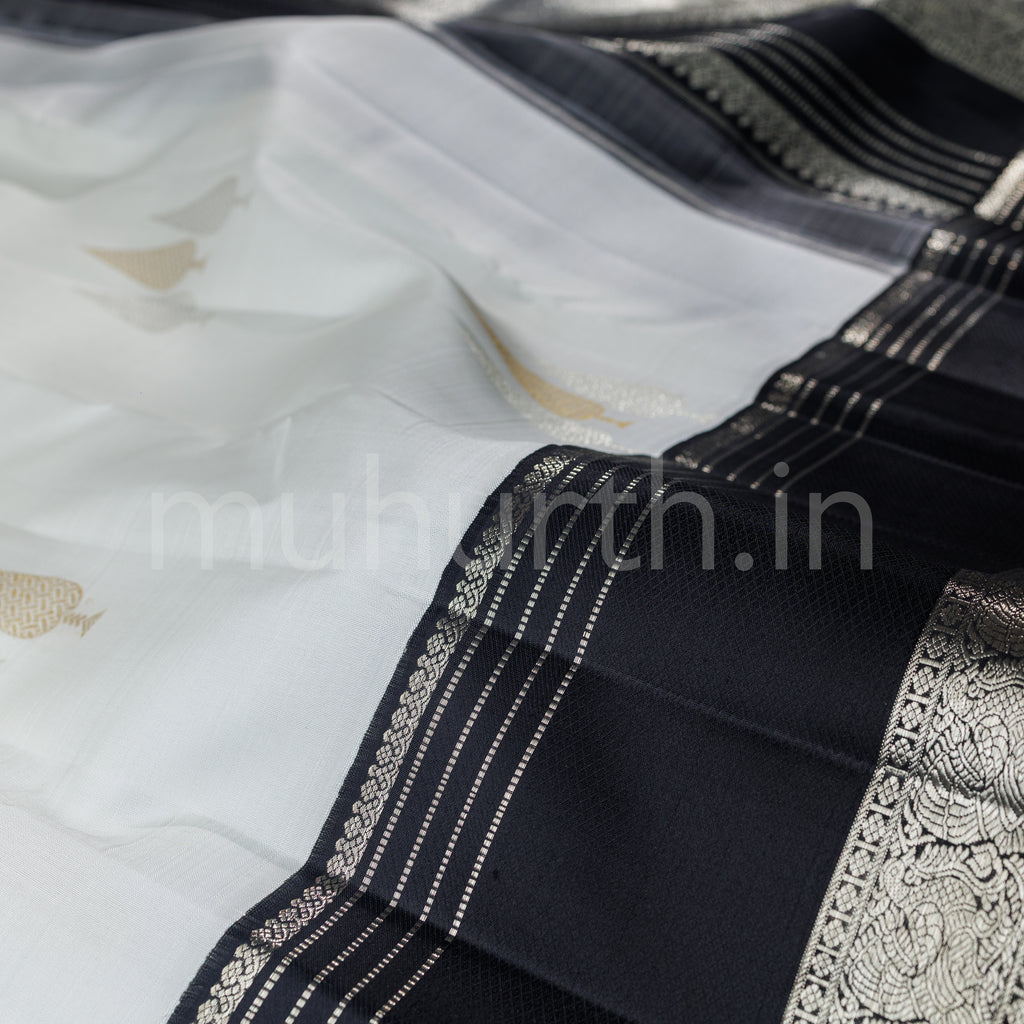 Off -White Pure Kanjivaram Silk Saree with Black