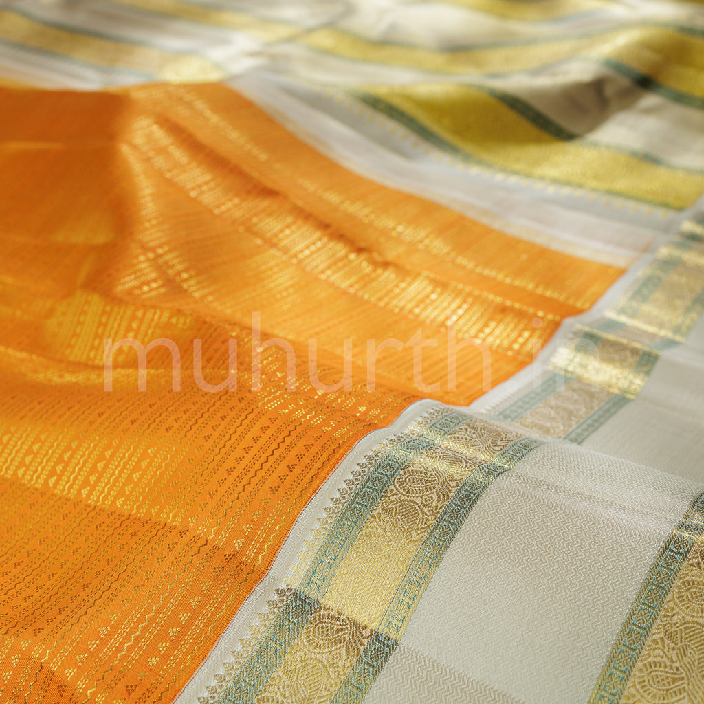 Mango Yellow Veldhari Kanjivaram Silk Saree with Off-White