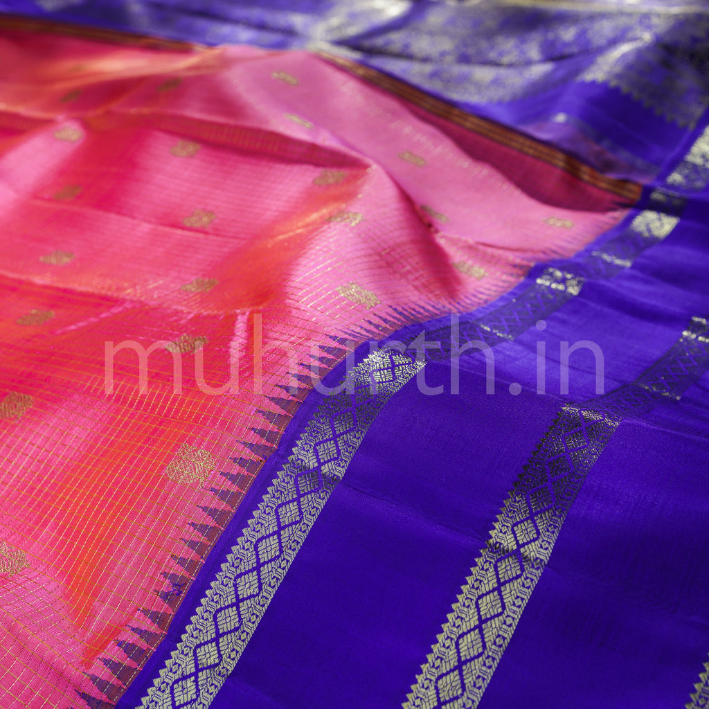 Hot Pink Pure Kanjivaram Silk Saree with Violet