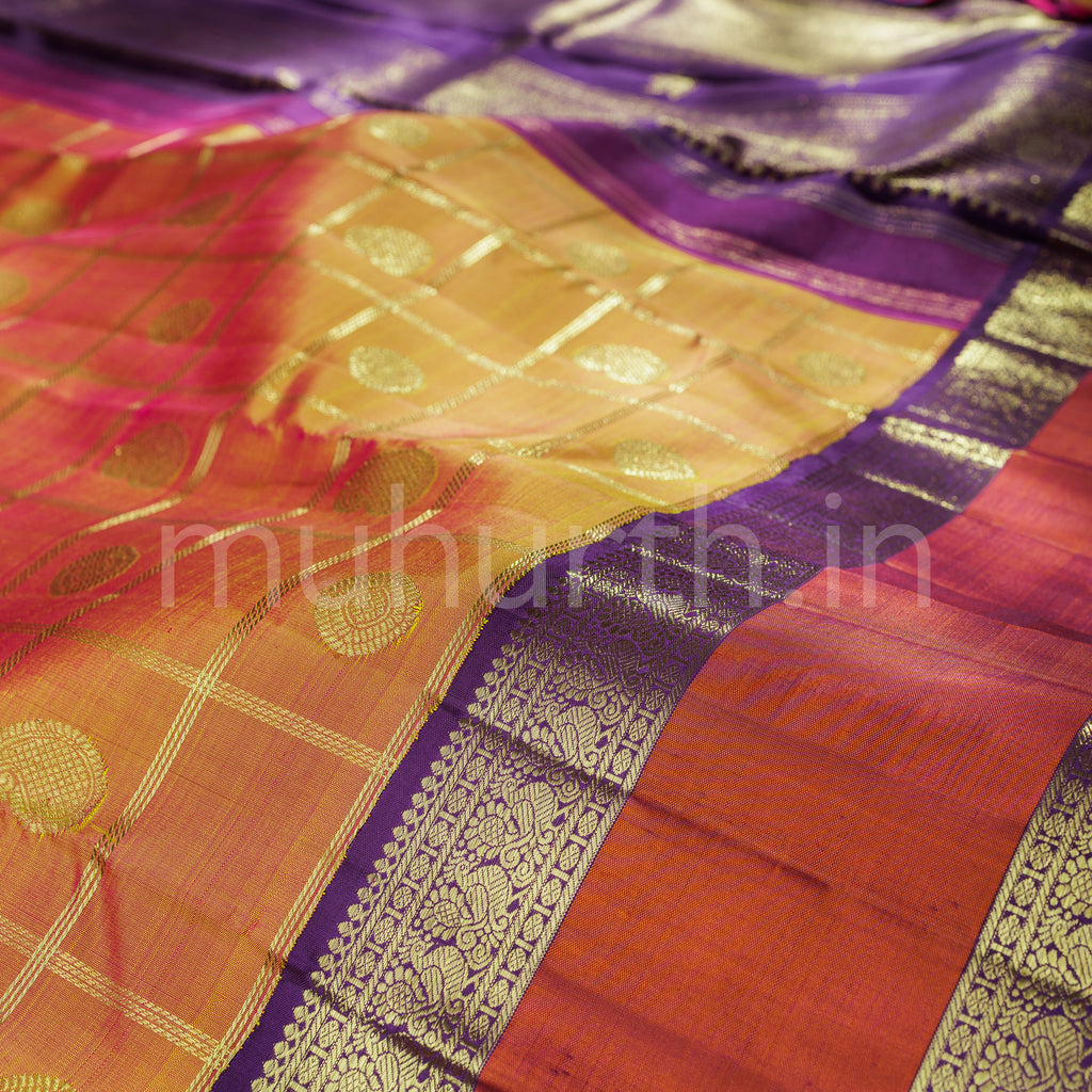 Mustard Shot Rose Pure Zari Kanjivaram Silk Saree with Magenta