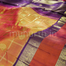Load image into Gallery viewer, Mustard Shot Rose Pure Zari Kanjivaram Silk Saree with Magenta