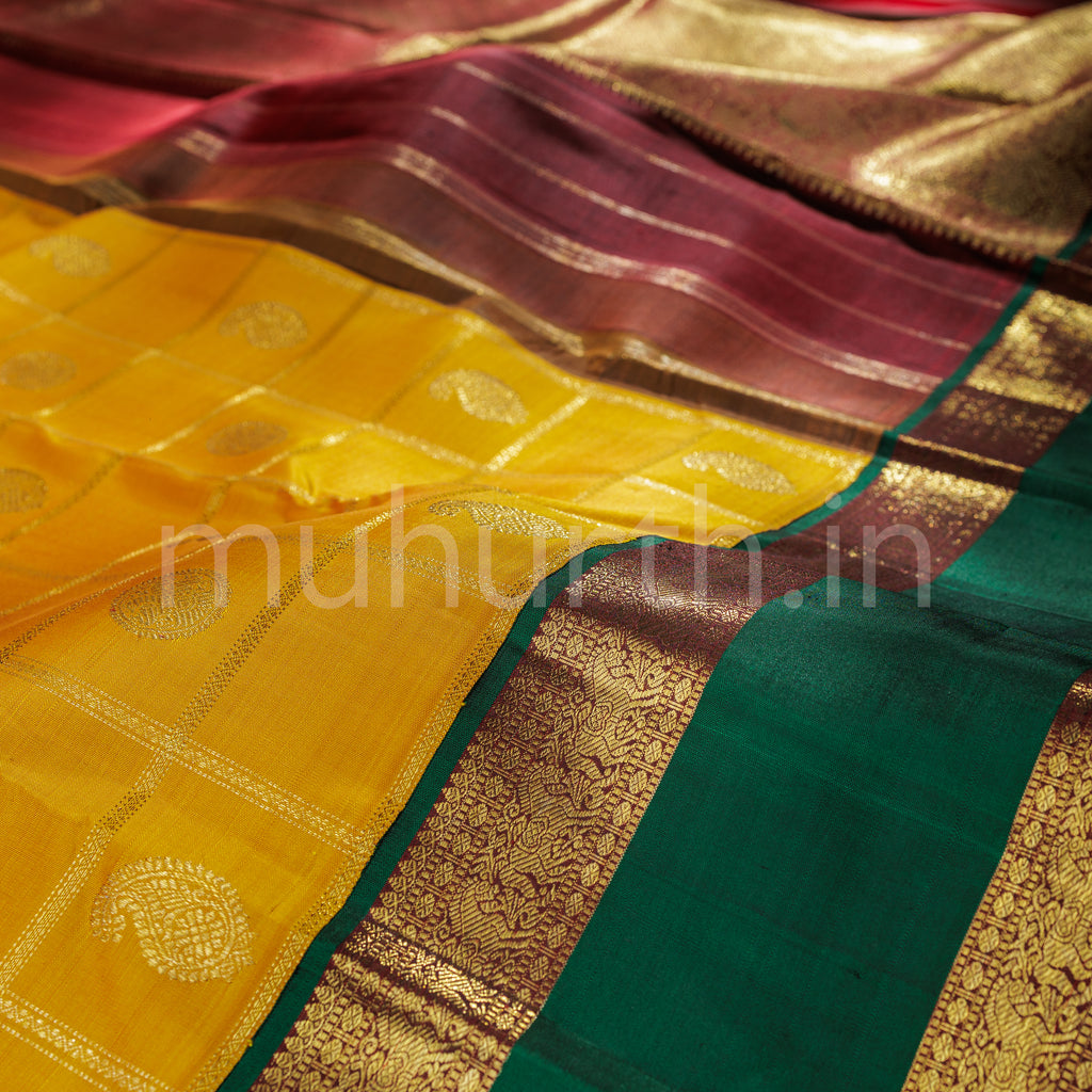 Mango Yellow Pure Zari Kanjivaram Silk Saree with Green
