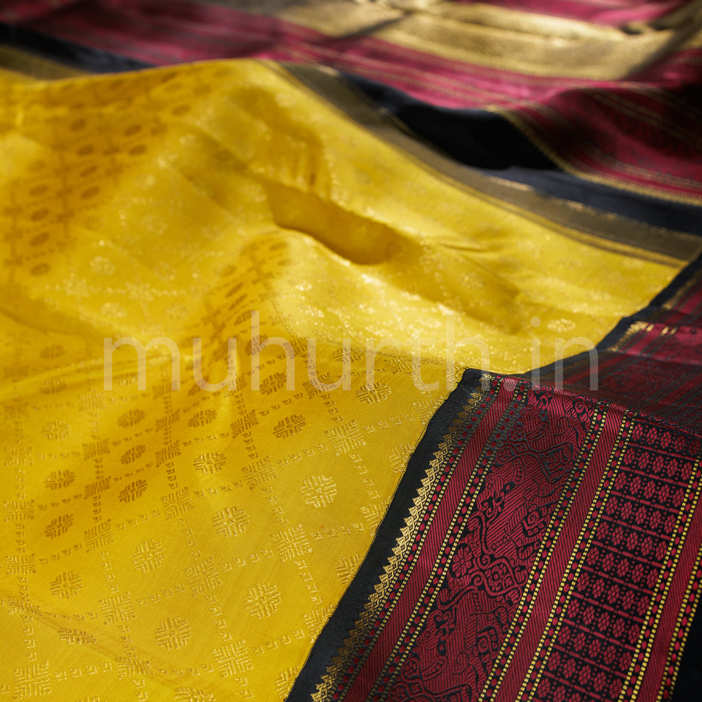 Mustard Pure Kanjivaram Silk Saree with Black