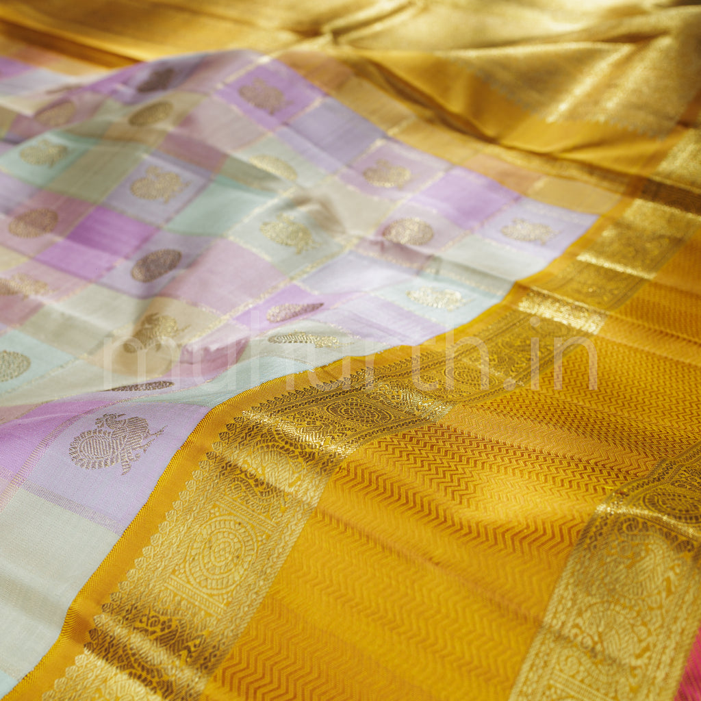 Lilac Elaichi Checks Pure Zari Kanjivaram Silk Saree with Golden Mustard