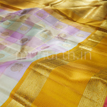 Load image into Gallery viewer, Lilac Elaichi Checks Pure Zari Kanjivaram Silk Saree with Golden Mustard