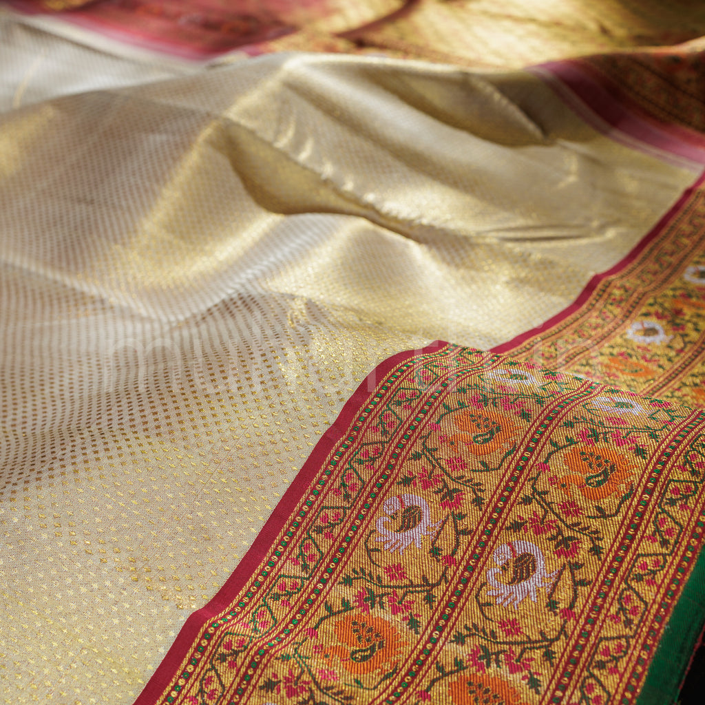 Golden Off-White Pure Kanjivaram Silk Saree with Arakku