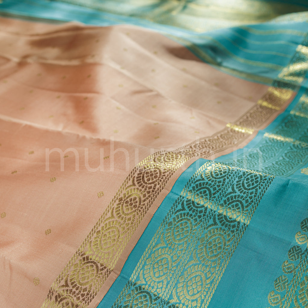 Light Peach Pure Zari Kanjivaram Silk Saree with Powder Blue