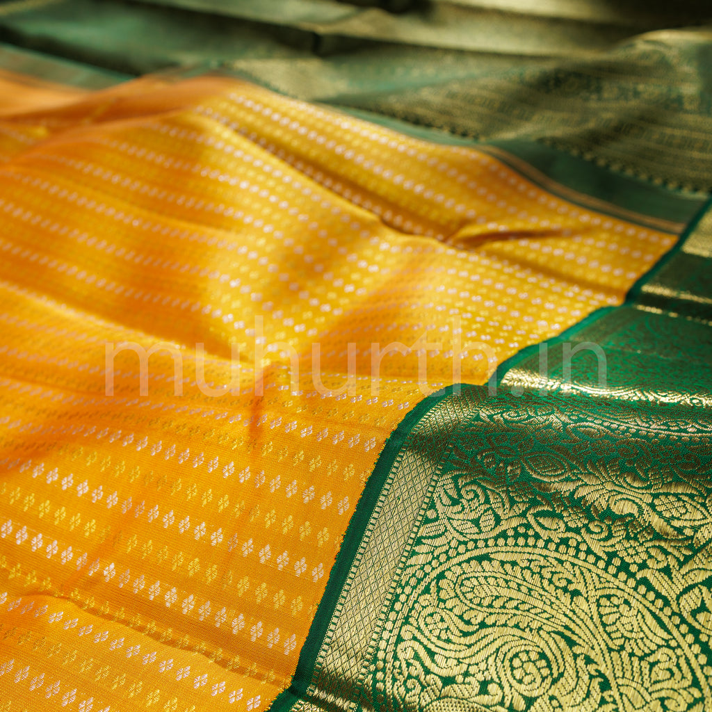 Golden Mustard Pure Kanjivaram Silk Saree with Green