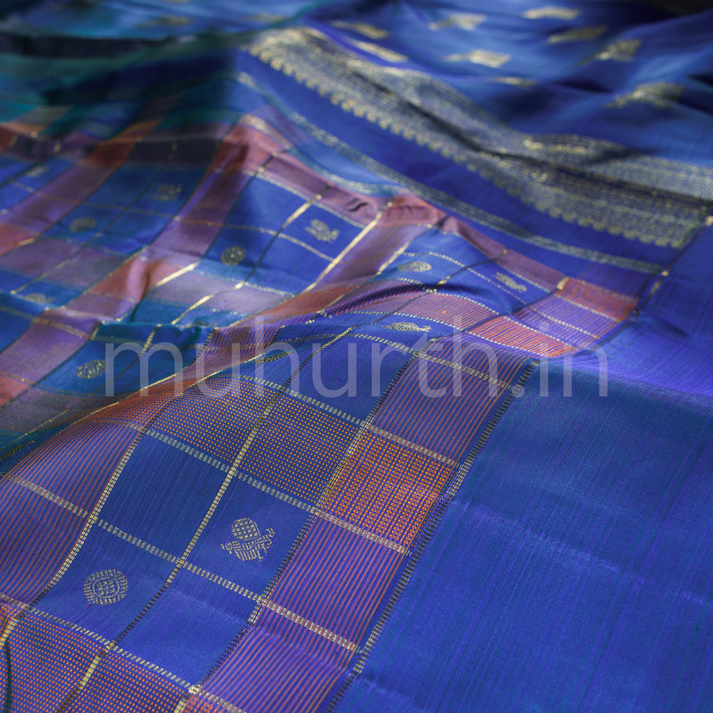 Violet Green Pattu Checks Kanjivaram Silk Saree
