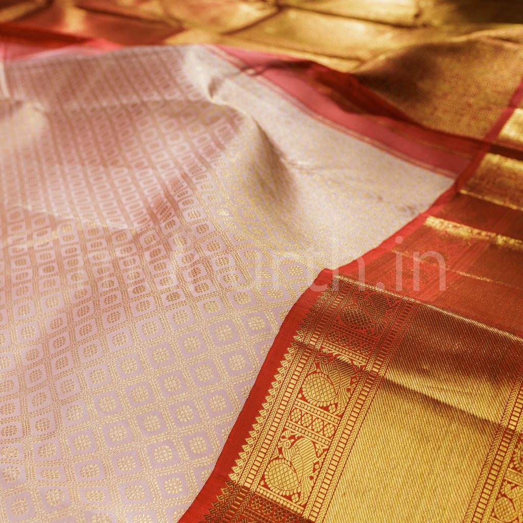 Light Pink Pure Kanjivaram Silk Saree with Bright Red