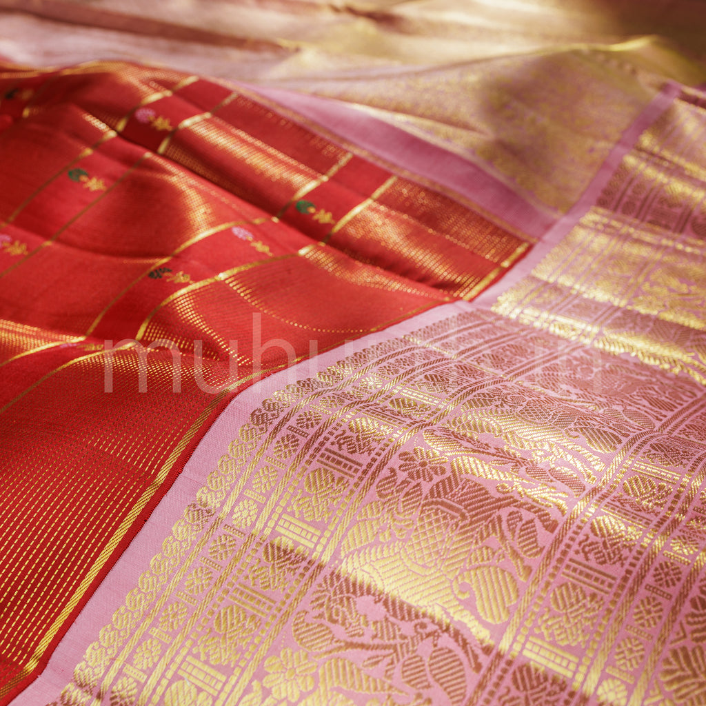 Bright Red Veldhari Kanjivaram Silk Saree with Peach