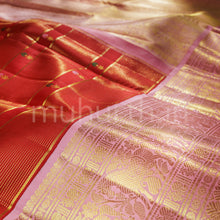 Load image into Gallery viewer, Bright Red Veldhari Kanjivaram Silk Saree with Peach