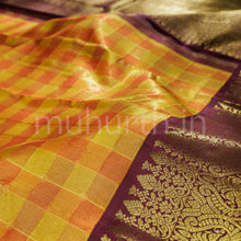Load image into Gallery viewer, Mustard Orange Checks Pure Kanjivaram Silk Saree with Pakku