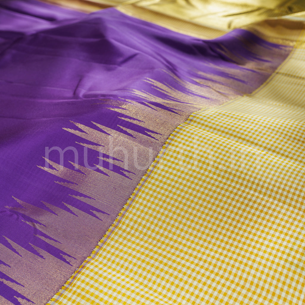 Magenta Pure Kanjivaram Silk Saree with Off -White Mustard Checks
