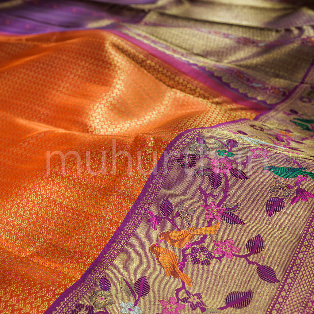 Orange Meenakari Kanjivaram Silk Saree with Magenta