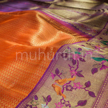 Load image into Gallery viewer, Orange Meenakari Kanjivaram Silk Saree with Magenta
